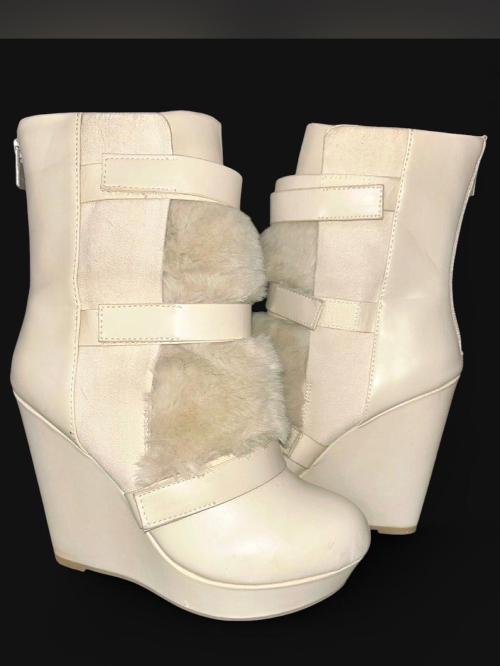 🌟 VINTAGE Juicy Couture Faux Fur Cream Wedge Platform Ankle Booties Size 8